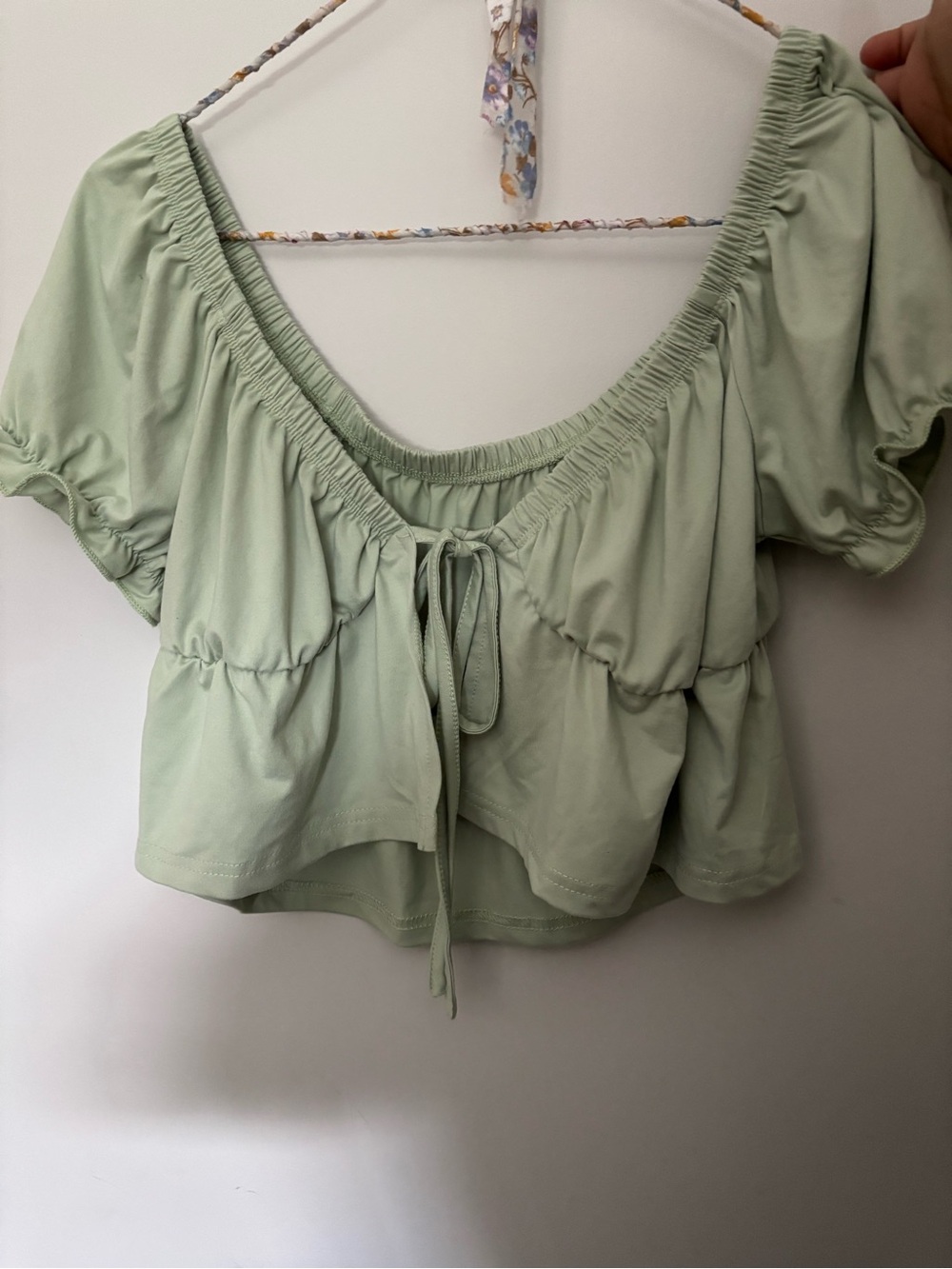 4 for $25- Women's Sage Green Puff-Sleeve Tie-Front Top
